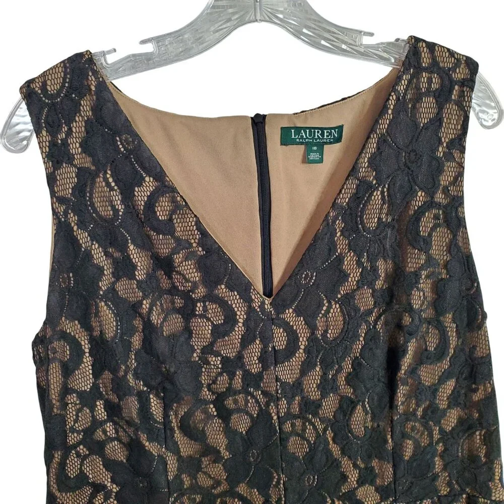 LRL Ralph Lauren Size 16 Dress Fitted Lined Sheer Lace Knee Length V-Neck Black - Picture 3 of 12